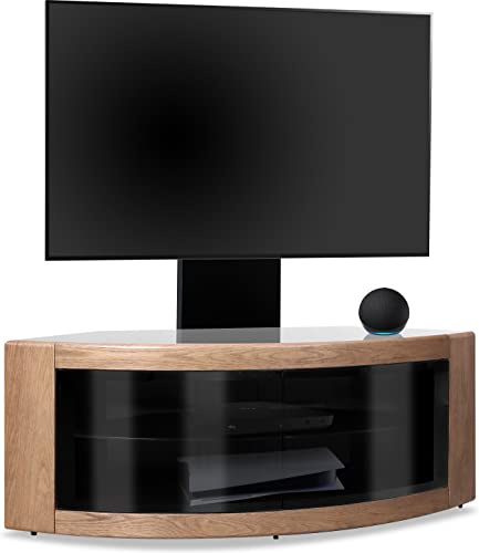 Homeology PANGEA Black/Oak Beam-Thru Curved True-Corner 32”-50” TV Cabinet with Mounting Arm