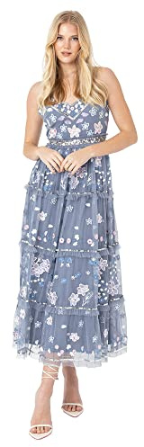 Maya Deluxe Womens Midi Dress Ladies Embroidered Floral Ruffle Sleeveless V Neck Dress for Wedding Guest Bridesmaid Prom Evening Dusty Blue Size 16 UK