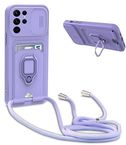 BGHHEU Handykette Schutzhülle kompatibel mit Samsung Galaxy A21S Handyhülle mit Band,Schiebe Kameraschutz,360 Grad Ringhalter Stand,Kartenfach,Verstellbarer Halskette Silikon hülle - Violett