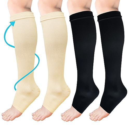 ACWOO Kompressionsstrümpfe für Damen Herren, 2 Paar Stützstrümpfe Medizinisch Kompressionssocken mit 15-20 Mmhg Schwarz Thrombosestrümpfe, Open Toe Compression Socks für Laufen, Sport, Flug, Radsport