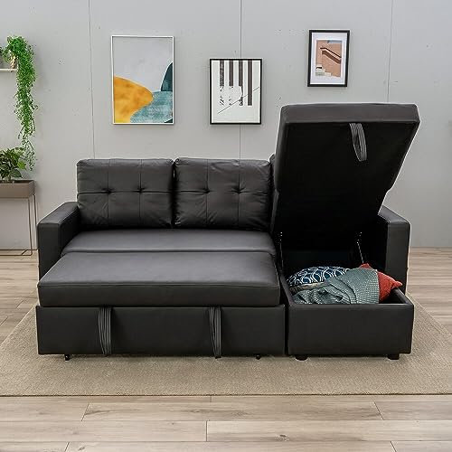 Panana Corner Sofa Bed - Universal Pull Out SofaBed - Left or Right Side Storage Chaise Couch,Convertible Click Clack Sofa Bed Settee Sectional Sofa, Black Faux Leather