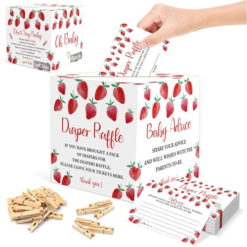 QOFO 3 Strawberry Baby Shower Games-101 Pieces Diaper Raffle Tickets with Diaper Raffle Box and Clothespins,Baby Shower Decor,Don't Say Babys Clothespin Game,Advice Cards,Gender Reveal Game,3