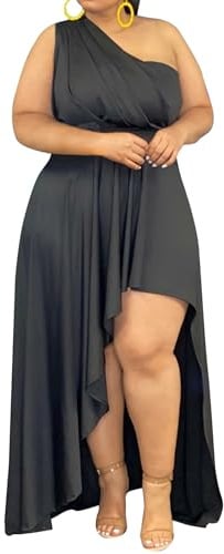 Ekaliy Women's Plus Size One Shoulder Dress Sexy High Low Irregular Hem Flowy Party Cocktail Maxi Dress Black XL