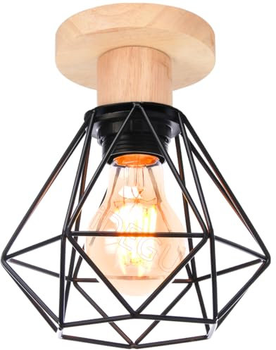 iDEGU Kronleuchter, Deckenleuchte, industriell, Metall, Holz, Hängeleuchte, geometrischer Käfig, Mini-Beleuchtung, E27, Deckenleuchte, Vintage, für Flur, Eingang, Schwarz, Ø 16 cm (Decke)