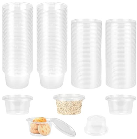 LPAMABA 100 Pz Vasetti Trasparenti per Salse da 100ml,Contenitori per Condimenti con Coperchi,Bicchieri per Salsa in plastica,Tazze Rotonde Trasparente per Alimenti, Tazze per Salsa, Condimenti