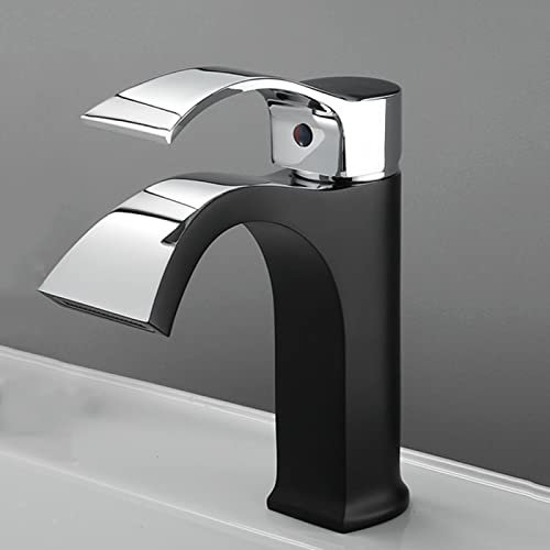 Wasserfall-Wasserhahn Compatible with Badezimmerwaschbecken, massives Messing, Warm- und Kaltwasser-Mischbatterie, Einhebel-Wasserfall-Waschtischarmaturen, Schwarz-Silber,schnelle Befestigung