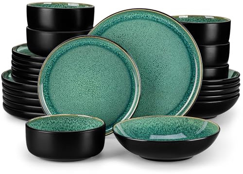 vancasso Dinner Set, Reactive Glaze Dinner Sets for 6 People, 24-Piece Mediterranean Crockery Set with Dinner Plates, Dessert Plate, Cereal Bowls and Pasta Bowls, Playa Green