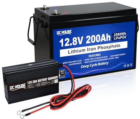 DCHOUSE 12V 200Ah LiFePO4 Batterie mit 20A Ladegeräte, Lithiumbatterie 12V mit über 4000 Mal Tiefzyklen und BMS Schutz für Wohnmobile,Solaranlagen,Wohnwagen, netzunabhängige Anwendungen