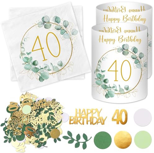 20 Stück Servietten 40 Geburtstag+ 12 Stück Windlicht Tischdeko + 100 Stück Konfetti Grün, Deko 40. Geburtstag Frau Mann, 40 Jahre Happy Birthday Deko Eukalyptus