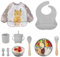Vajilla de Bebé Silicona, 10 piezas Juegos de vajilla infantil, Cubiertos con plato ventosa, Tenedor con mango de madera, Babero Set,Vajilla silicona bebe regalo plato antivuelco bebe
