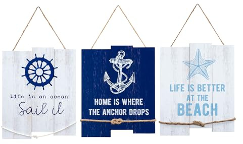 levandeo 3er Set Wandschild H35cm Blau Weiß Holzschild Beach Strand Wanddeko Wandbild Anker Sommer