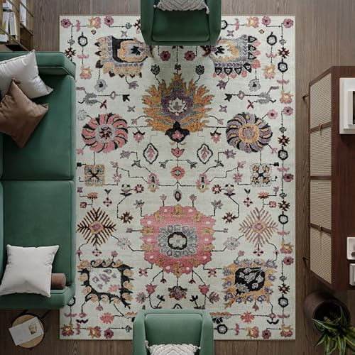 artyrugs Machine Washable Rug, 240x330cm, 75% Recycled Cotton, Short Pile, Non-Slip Backing, Non-Shedding, Suitable for Bedroom, Kitchen, Hallway, Office, Large, Dusk Beige & Pink