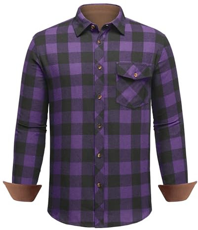 DEMEANOR Camicia di flanella da uomo a maniche lunghe, in flanella a quadri, da uomo, in cotone, con tasca sul petto, viola / nero, S