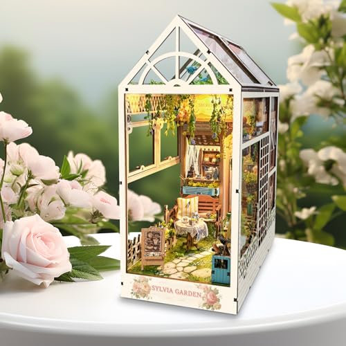 Sprifityy DIY Book Nook Kit Maison de Jardin,Puzzle 3D Book Nook Kit de Modèle de Maison Miniature, avec Meubles et Lampe LED,Décoration d'étagère, Construction de Modèle Diorama pour Adultes