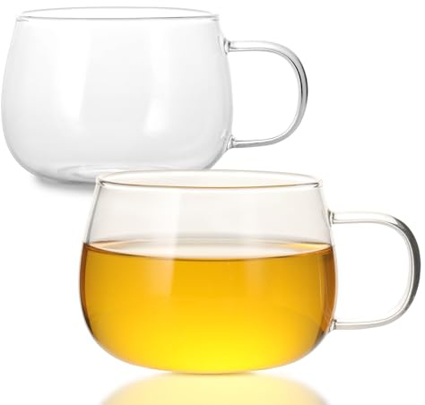 GURUDAR Glass Tea Cups Set of 2, Clear Borosilicate Glass Teacups with Handle for Tealover, Dishwasher & Microwave Safe Large Coffee Mugs for Espresso Cappuccino Latte Juice, 12OZ/360ML