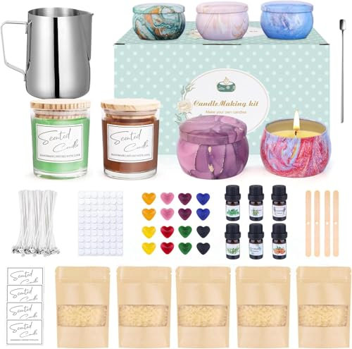 LDUMODUW Kerzen Selber Machen Set, Kerzenherstellung Kerzen Selber Machen für Erwachsene Anfänger, DIY Duftkerze mit 625G Bienenwachs, 16 Farbstoffe, 6oz Gläser, Dosen Kerzendochte