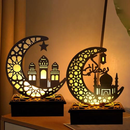 FUFRE 2 Stück Ramadan Deko Laterne, Ramadan Dekoration Crescent Mond-Stern-Lichter Muslim Islam Eid Ramadan Festival Dekorationen Halbmond Nachtlicht Für Partys, Zu Hause Und Als Geschenk (2PCS-A)