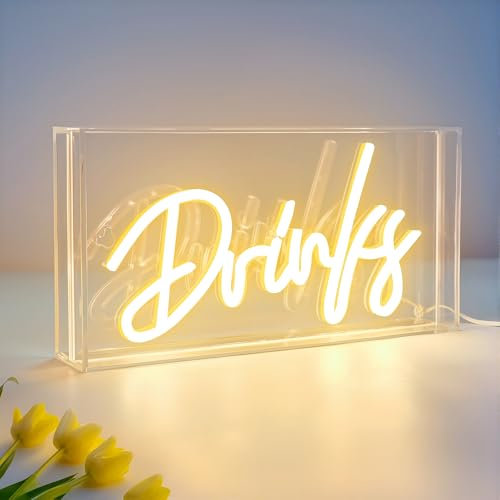 Drinks Neon Sign, Drinks Signs USB LED Desk Lightbox with ON/OFF Switch, Light Up Sign for Table Decor, Home Bar, Kitchen, Club, Pub, Restaurant Wall Decor & Bar Cart Accessories (Warm White)