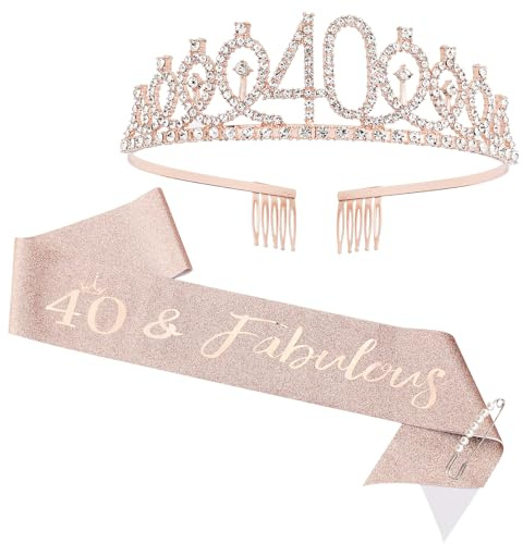 40th Rose Gold Birthday Sash & Rhinestone Tiara Set | 40th Birthday Crown Sash for Women Birthday Party Supplies