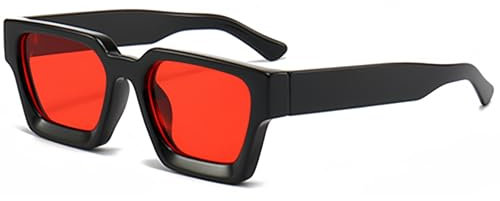 RUNHUIS Retro Dicke rechteckige Sonnenbrille für Damen Herren Vintage Klassisch Großer quadratischer Rahmen Chunky Brillen Schwarz/Rot