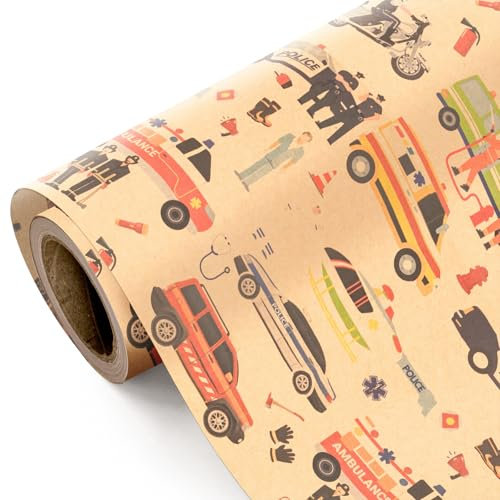WRAPAHOLIC Kraft-Auto-Geschenkpapier – Mini-Rolle – 43,2 cm x 5,2 m – Feuerwehrauto Geschenkpapier für Kinder, Jungen, Geburtstag, Babyparty