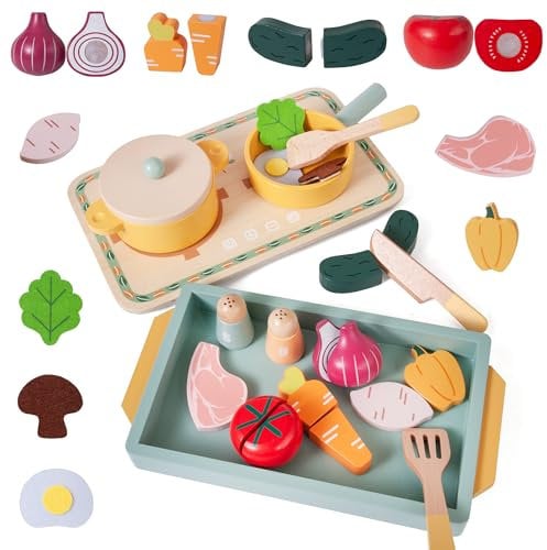 Donmills 24pcs Pretend Play Kitchen Accessories Toddler Cooking Set, Wooden Toy Pot and Pan with Play Food Set for Kids Kitchen, Montessori Toys Food Cookware Playset Boys and Girls Birthday Gift