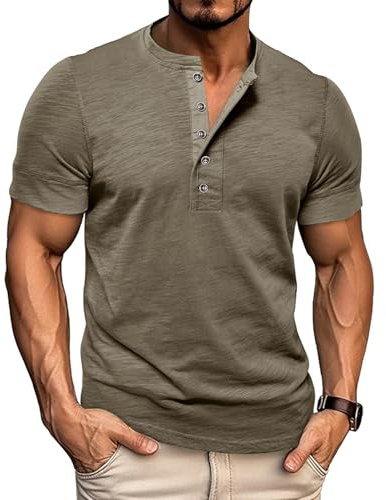 Volemo Henley T Shirt Uomo Maglietta Manica Corta Cotone Regular Fit Tshirt Bottone S-3XL