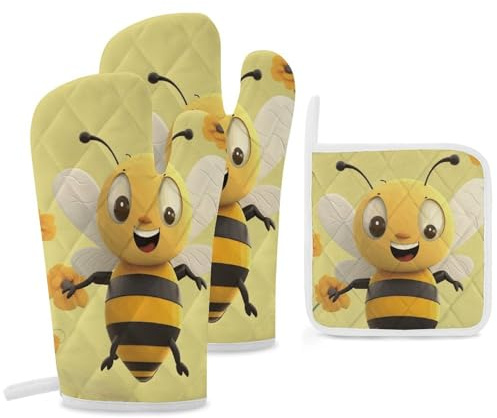 Oven Mitts and Pot Holders 3 Pcs Set Happy Bee Oven Gloves Baking Gloves with Hanging Loop Cooking Mitt Potholders Hot Pads