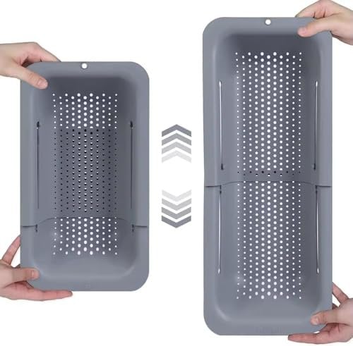 Expandable Kitchen Sink Colander – Adjustable 34.5-48 cm, Grey, Over-The-Sink Strainer for Fruits, Vegetables, and Pasta, Space-Saving, Efficient Drainage, Non-Slip Grips
