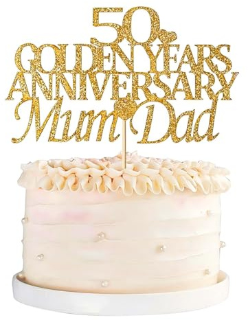 50th Wedding Anniversary Cake Topper, Gold Glitter Golden Wedding Anniversary Cake Decoration 50th Wedding Mum & Dad Cake Topper