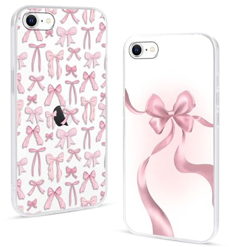 Omyzo 2 Pezzi Aesthetic Cover per Apple iPhone 7/iPhone 8/SE 2020/2022 4,7, Custodia con Fiocco Rosa Disegni Trasparente Silicone Ultra Sottile TPU Antiurto Protettiva Case per iPhone SE 2020/2022