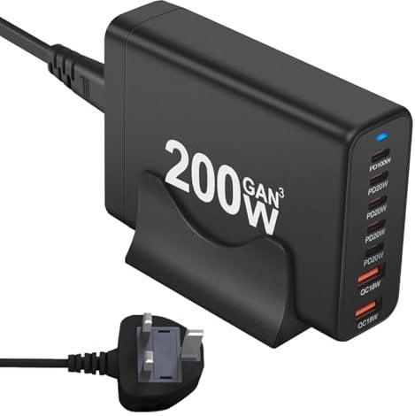 ELUBLU 200W Desktop Charger - Multi Port USB C Charging Station with GaN Technology - Fast Charging for MacBook Pro, iPhone 15, iPad, and Laptop - Compact Design for Home Office, Gaming, and Travel