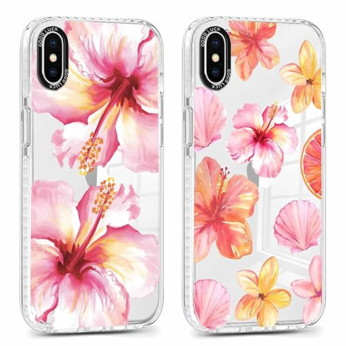 Saqmkil 2 Stück Hülle für iPhone X/XS, Aesthetic Hibiskus Blumen Muster Design Mädchen Frauen Handyhülle, Transparent Weich Silikon Süßes Blume Motiv Stoßfest Case Schutzhülle für iPhone XS 5,8'',Rosa