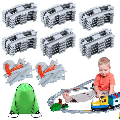 lompyeu 32 Teile Bausteine Zug Schienen Set, Spielzeug Eisenbahn | Zug Schienen Set aus Cross Track Gerade, Kurven Schienen und Aufbewahrungstasche,Spielzeug ab 3 jahre Kleinkinder，Hellgrau