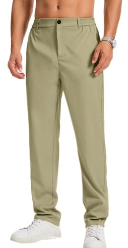 LVCBL Pantalon chino stretch pour homme été coupe droite pantalon décontracté couleur unie avec élastique à la ceinture, Kaki clair., M