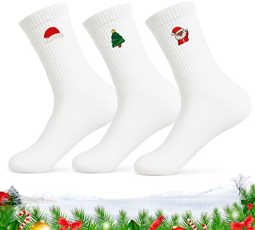 Snyvpra 3 Paar Weihnachtssocken Damen & Herren - Festliche Socken für Weihnachten mit Stickerei von Weihnachtsbaum, Santa und Mütze