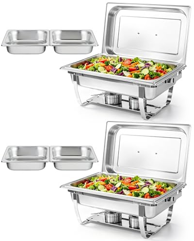 Chafing Dish Buffet Set 2 Pack, 9L Roll Top Designed Buffet Trays With Lids | [2 Full & 4 Half Size Pans] Stainless Steel Food Warmer Buffet Server for Buffets Weddings Hotels Parties Banquets
