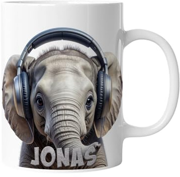 Personalisierte Kaffeetasse Lustiger Elefant mit Kopfhörern | Keramik Becher mit Namen – lustige Tiermotiv Tasse, Geschenkidee für Männer, Frauen, Kinder & Kollegen – spülmaschinenfest, 330ml