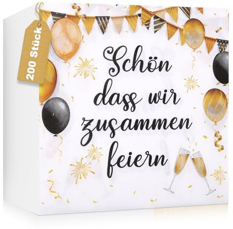 200 Stück Servietten Geburtstag, Schön Dass Du Da Bist, 33 x 33 cm | Servietten mit Spruch für Geburtstag, Hochzeit, Jubiläum und Party, Strapazierfähige Tischdeko