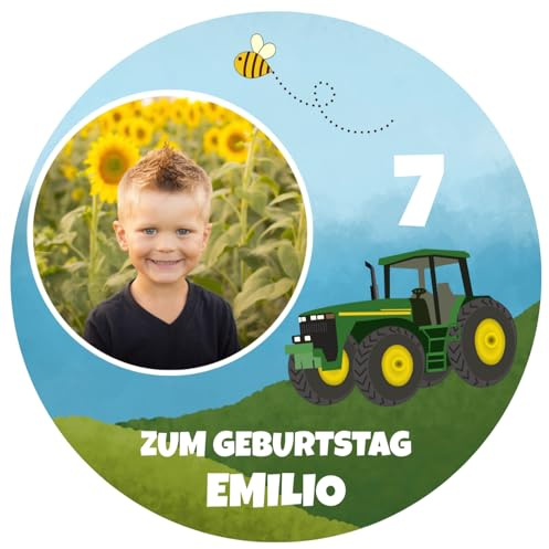 Tortenaufleger essbar mit Wunschfoto und Wunschtext zum Geburtstag Traktor Bauernhof (20cm, Fondant)
