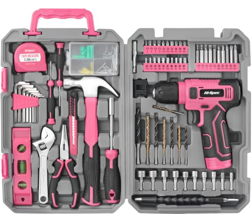 Hi-Spec Werkzeugset mit 8V Akku-Bohrschrauber, USB Wiederaufladbar | 70-tlg Kompakter Werkzeugkoffer für Heimwerken, Reparaturen und Wartung im Haushalt in Pink
