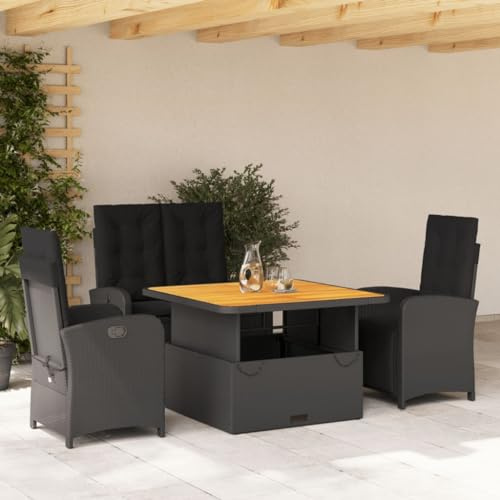 QJBSAVVA 4-TLG. Gartenmöbel Set Schwarz Rattan mit verstellbarem Tisch 110 x 110 cm und Liegefunktion Balkonmöbel Kleiner Balkon Essgruppe Outdoor für Terrasse Garten