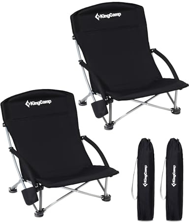 KingCamp Set of 2 Low Folding Beach Chair, Up to 180 kg, Lightweight Portable Beach Chairs with Breathable Back, Padded Armrest, Cup Holder & Carry Bag, Foldable Camping Chair for Outdoor Garden Black