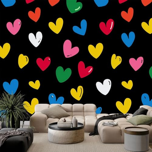 WHUOEUCO 3D Effekt Fototapete Bunte Herzen 200x140 cm Vliestapete Foto Tapete Wandbild Motivtapete, Moderne Schlafzimmer Wohnzimmer Kinderzimmer Wandtapete