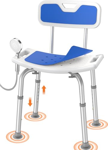 Luckfaith LC07 Shower Chair for Elderly, Non-Slip with Arms & Back, 348 lbs Capacity, Curved Wider Seat with Dual Shower Holder, Adjustable Height 36.5–49.5 cm, for Walk-In Shower Safety