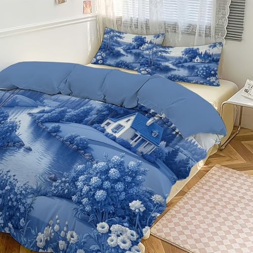 DLERFLOVR Bettwäsche 135x200cm – Englischer Garten Bettbezug mit 1 Kissenbezug 80x80 – Französischer Retro-Druck Wendebettwäsche – Hautfreundlich, Atmungsaktiv& Pflegeleicht – Ganzjahres, Indigo