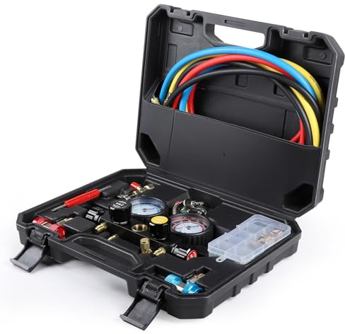 LALAGO Kit de Recharge de Réfrigérant de Climatisation, R134A/R22/R134A/R410A/R404A Recharge Climatisation Voiture 4 Voies avec Manomètre de Collecteur de Réfrigérant Tuyau de Recharge avec Adaptateur