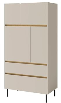Mirjan24 Kommode Lonitz LZ05, Highboard grifflos mit 2 Schubladen & 4 Türen, hohe Anrichte auf schwarzen Metallfüßen, Schrank für Jugendzimmer (Sandbeige + Geölte Eiche)