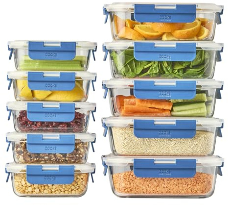 Cooks Professional Set of 10 Glass Food Storage Jars with Air-Tight Plastic Lids | 10pc Fridge Freezer Oven & Microwave Safe Meal Prep Containers | Store Meals & Ingredients | 5 x 380ml & 5 x 1000ml