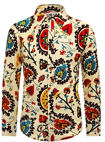 Allthemen Mens Dress Shirts Long Sleeve Funky Printed Linen Shirt Casual Shirt Fancy Floral Tops Unique Pattern, XXL, Leaves
